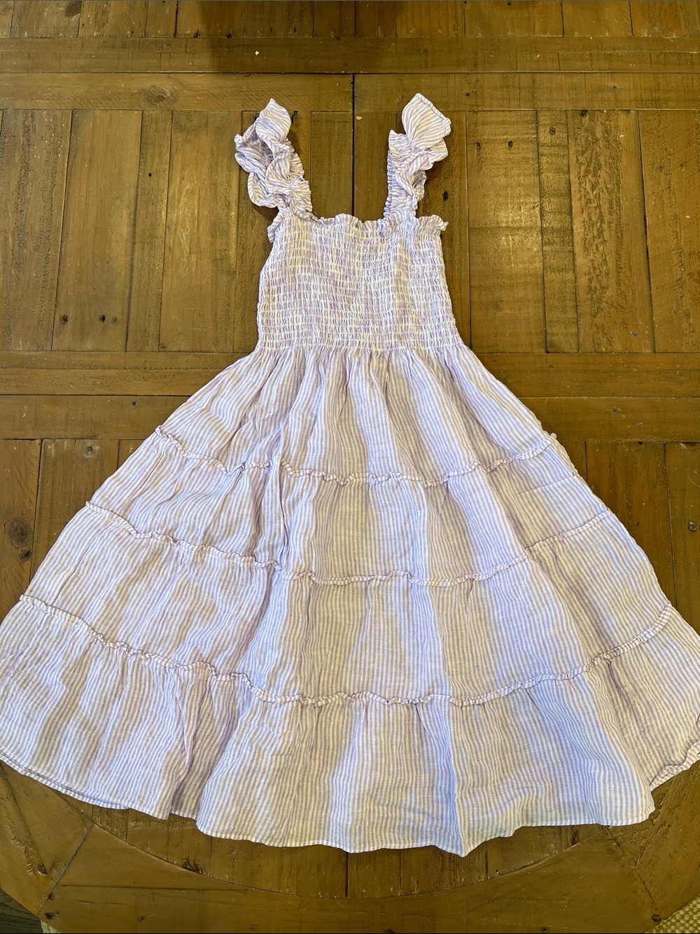 Hill house linen purple striped smocked dress 9-10 years ruffles preppy